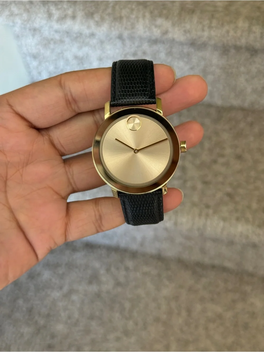 Movado bold Elegant Gold Dial Men's Watch with Black Leather Strap